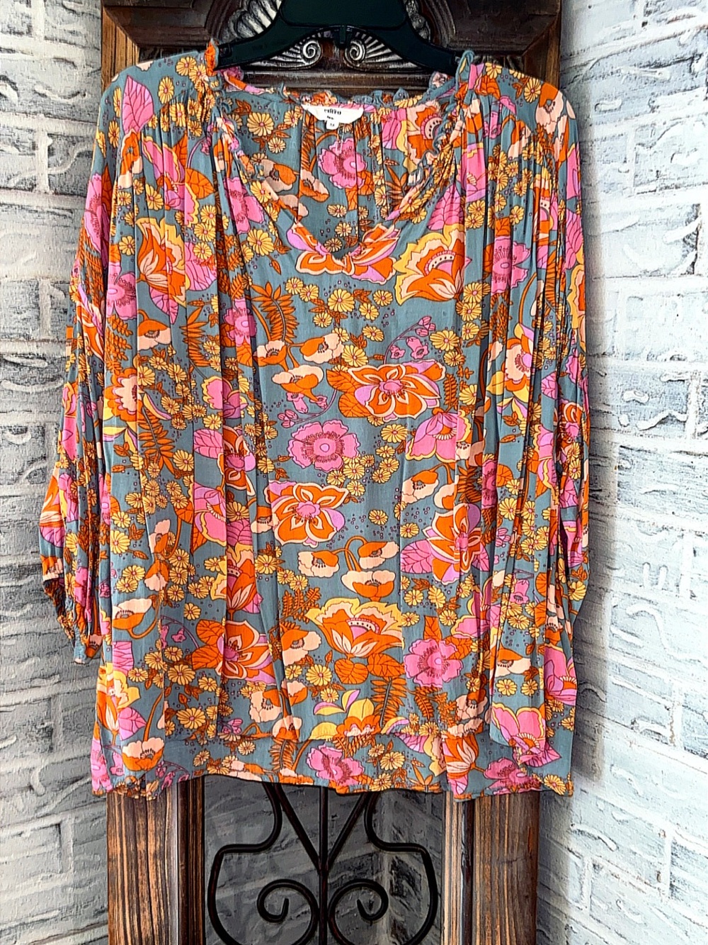 entro Floral Peasant Blouse in Pink, Orange & Gray